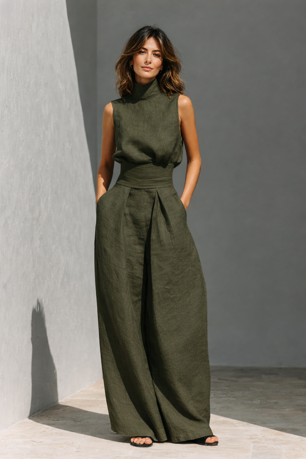 MARÍA | CONJUNTO DE CAMISETA SIN MANGAS Y PANTALONES ANCHOS DE ALGODÓN Y LINO, DE ESTILO MINIMALISTA