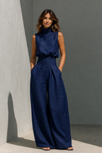 MARÍA | CONJUNTO DE CAMISETA SIN MANGAS Y PANTALONES ANCHOS DE ALGODÓN Y LINO, DE ESTILO MINIMALISTA