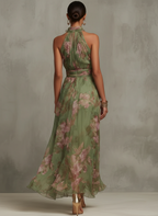 OLIVIA | VESTIDO LARGO CON CUELLO HALTER Y ESTAMPADO FLORAL