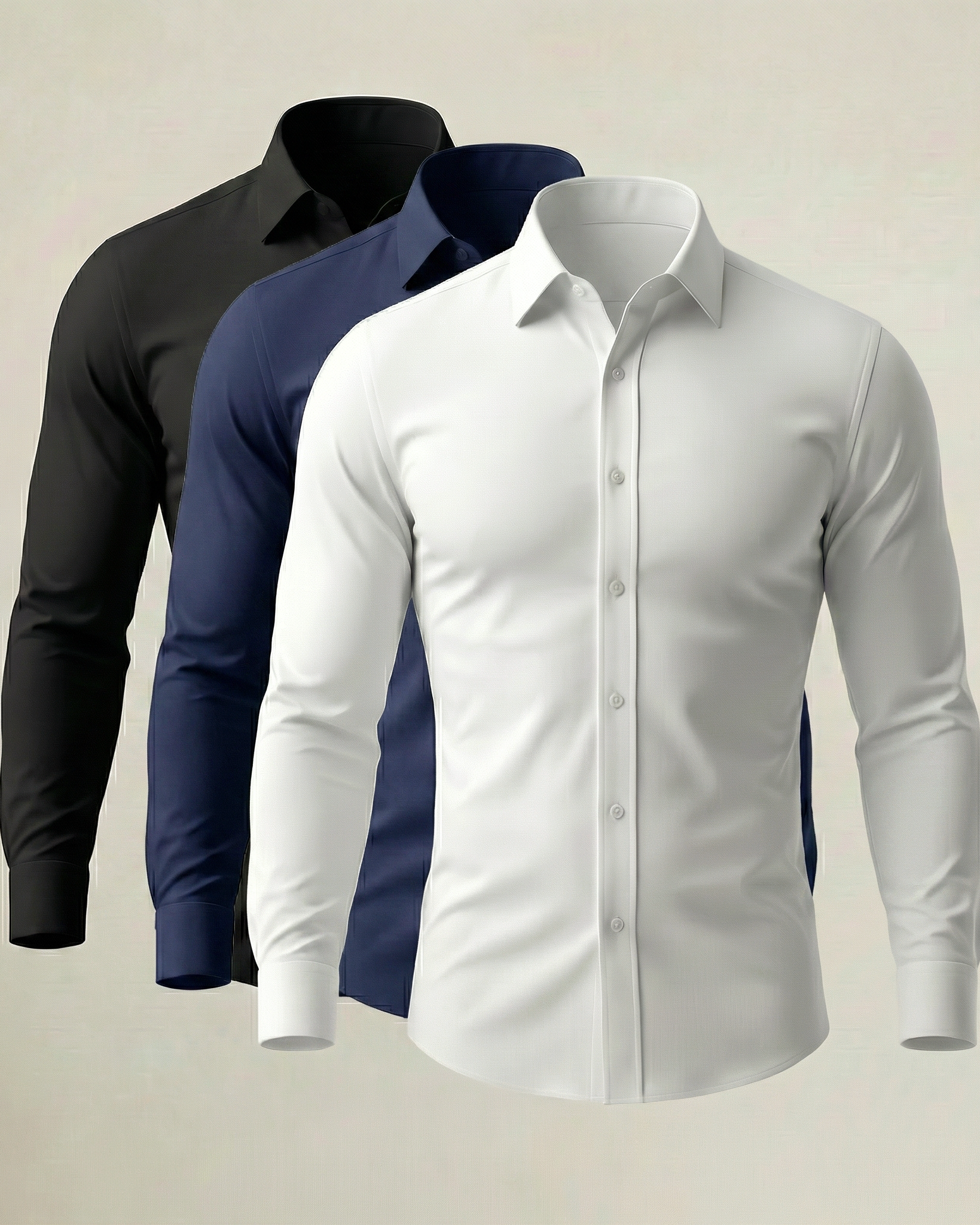 Pack Clásico de 3 Camisas Stretch en Negro, Azul Marino y Blanco
