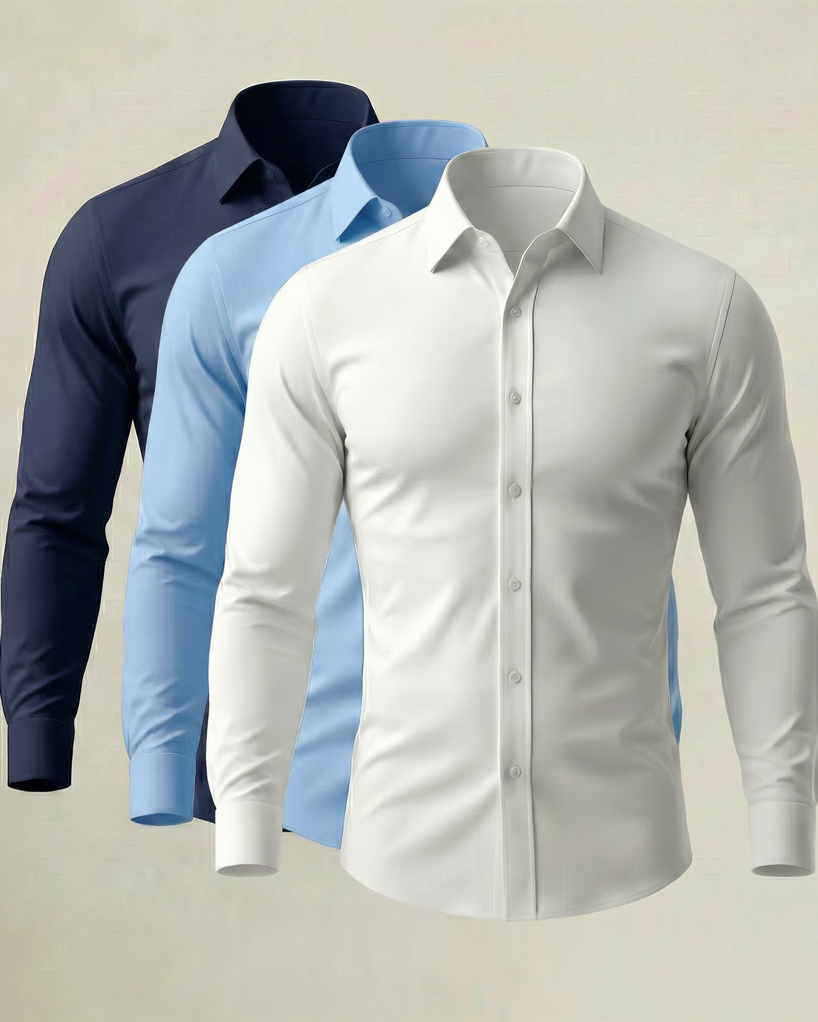 Pack Fresco de 3 Camisas Stretch en Azul Marino, Azul Cielo y Blanco