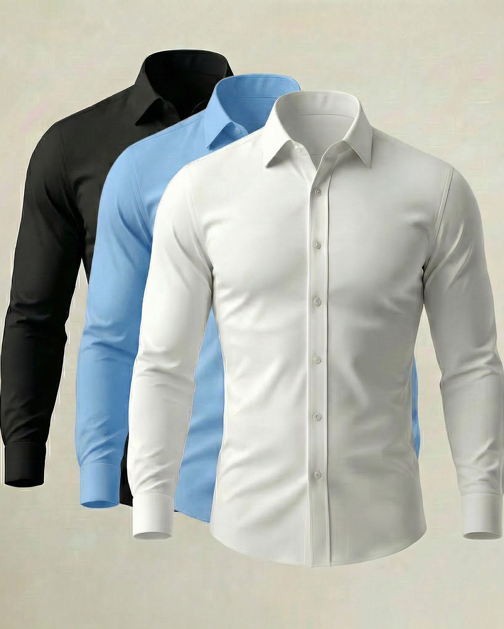Pack Dinámico de 3 Camisas Stretch en Negro, Azul Cielo y Blanco